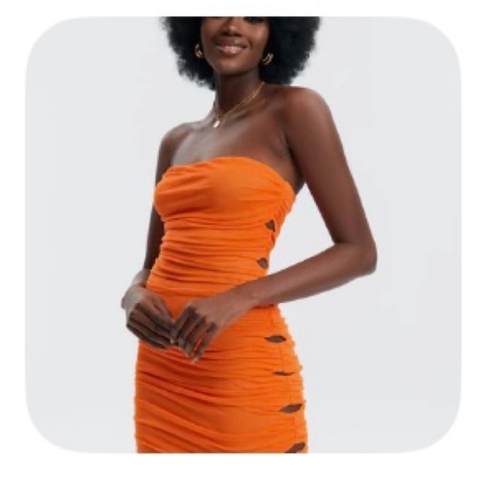Strapless Orange Ruched Bodycon Dress